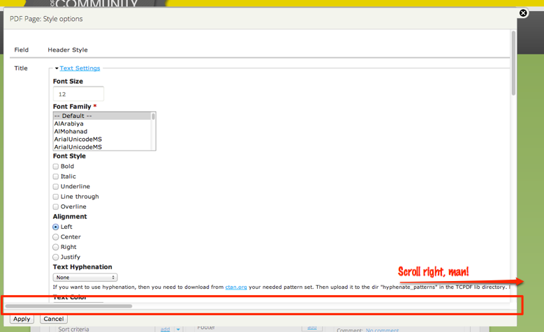 Screenshot showing VIews UI for Views PDF and needing to scroll right to see all fields